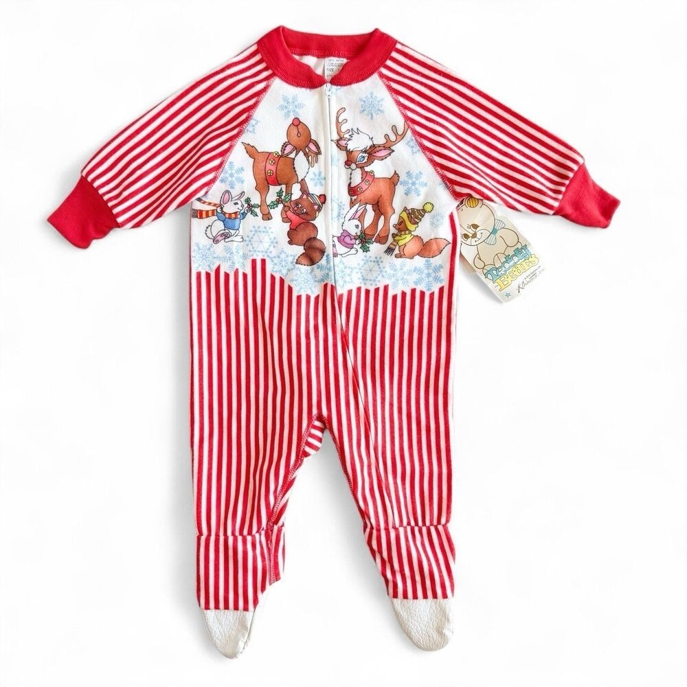 NWT Vintage 90s One-Piece Fleece Christmas Footie Pajamas Zipper Baby 12 mos (1)